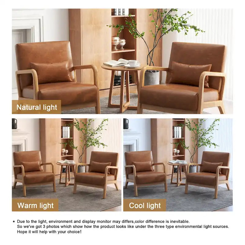 Accent Armchair with Lumbar Pillow, Linen/PU Upholstery, Natural/Brown Wood Legs, Set of 2