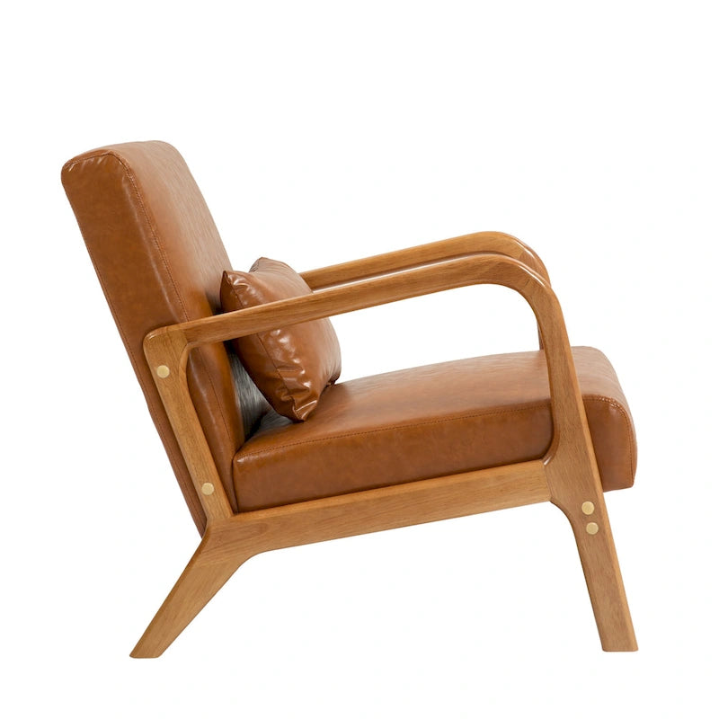Accent Armchair with Lumbar Pillow, Linen/PU Upholstery, Natural/Brown Wood Legs, Set of 2