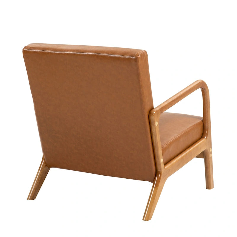 Accent Armchair with Lumbar Pillow, Linen/PU Upholstery, Natural/Brown Wood Legs, Set of 2