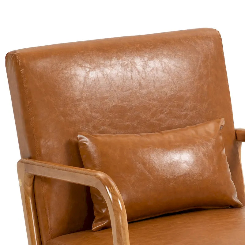 Accent Armchair with Lumbar Pillow, Linen/PU Upholstery, Natural/Brown Wood Legs, Set of 2