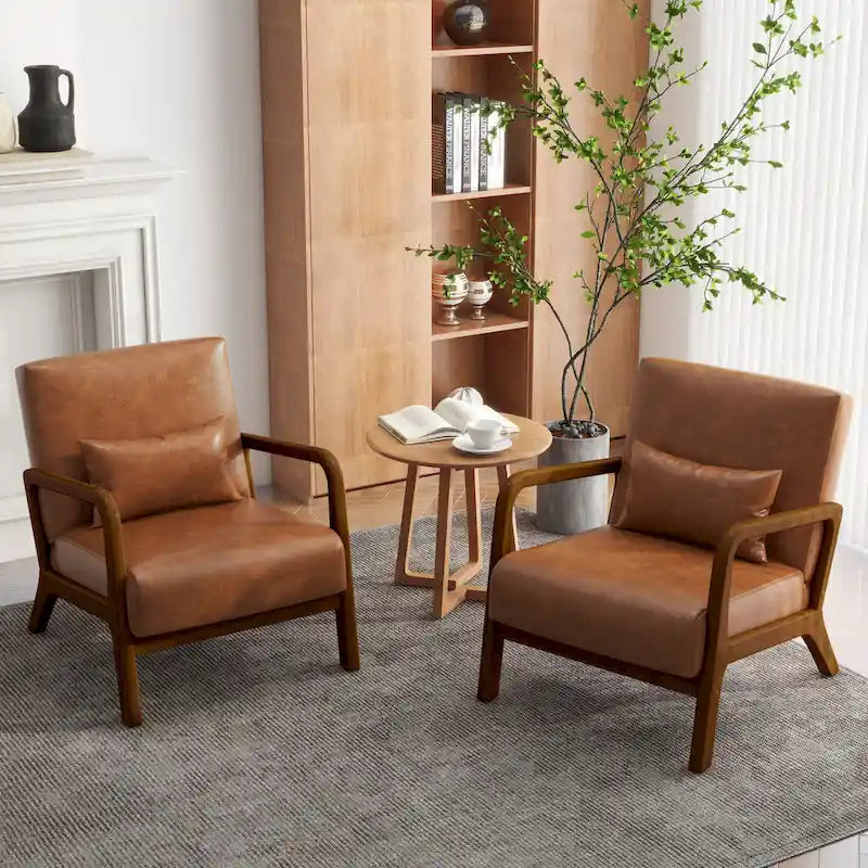 Accent Armchair with Lumbar Pillow, Linen/PU Upholstery, Natural/Brown Wood Legs, Set of 2