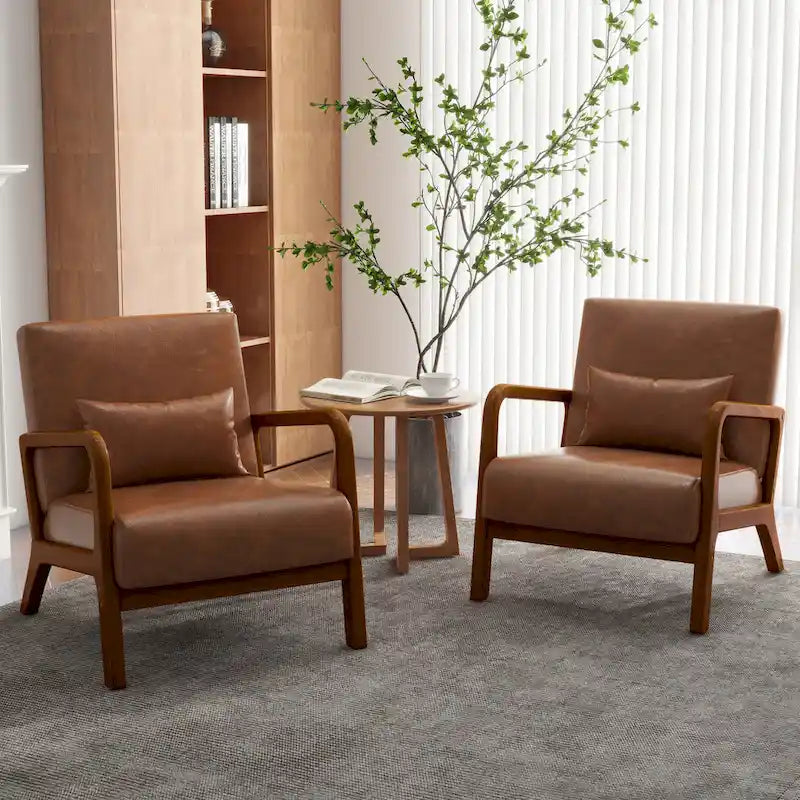 Accent Armchair with Lumbar Pillow, Linen/PU Upholstery, Natural/Brown Wood Legs, Set of 2
