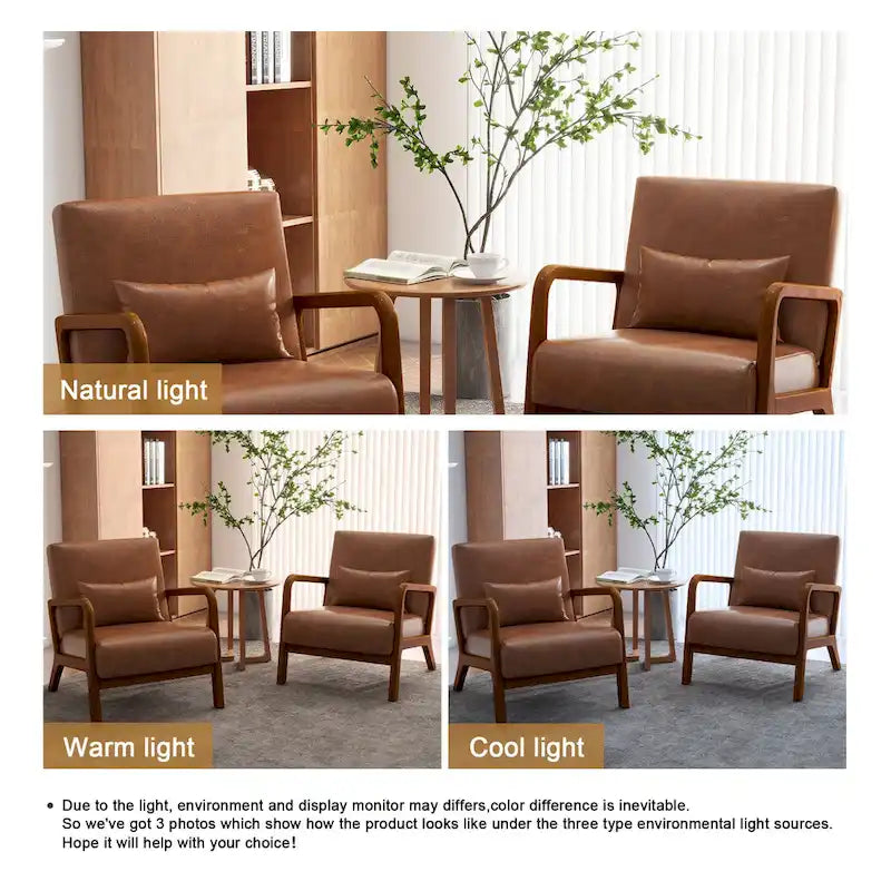 Accent Armchair with Lumbar Pillow, Linen/PU Upholstery, Natural/Brown Wood Legs, Set of 2