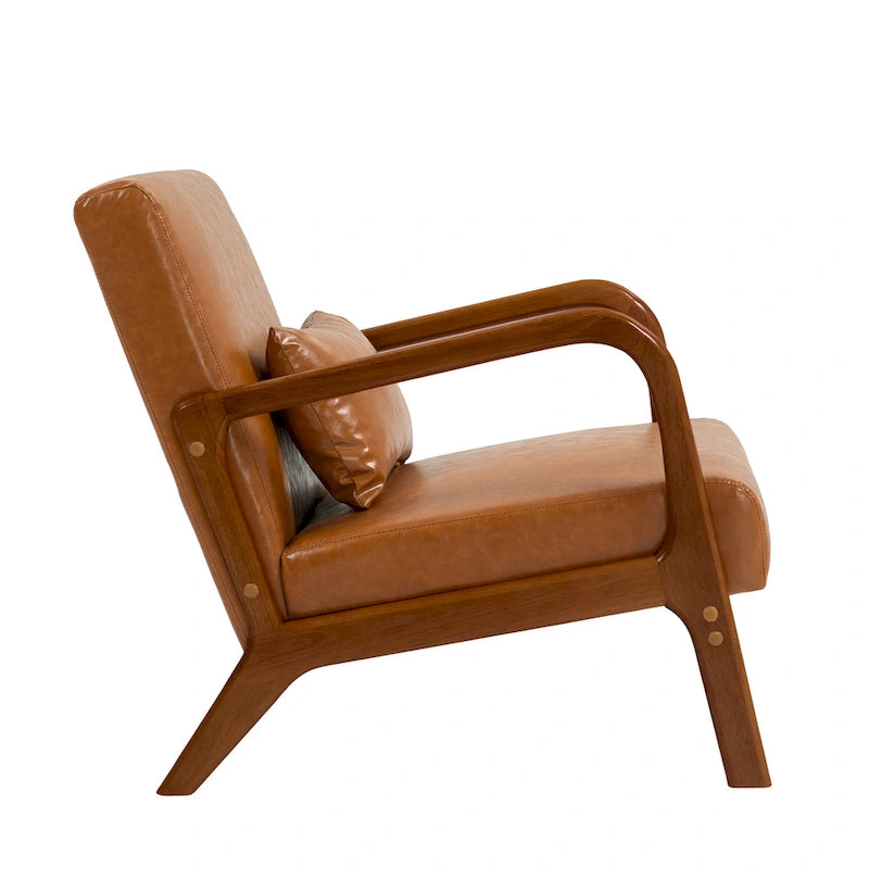 Accent Armchair with Lumbar Pillow, Linen/PU Upholstery, Natural/Brown Wood Legs, Set of 2