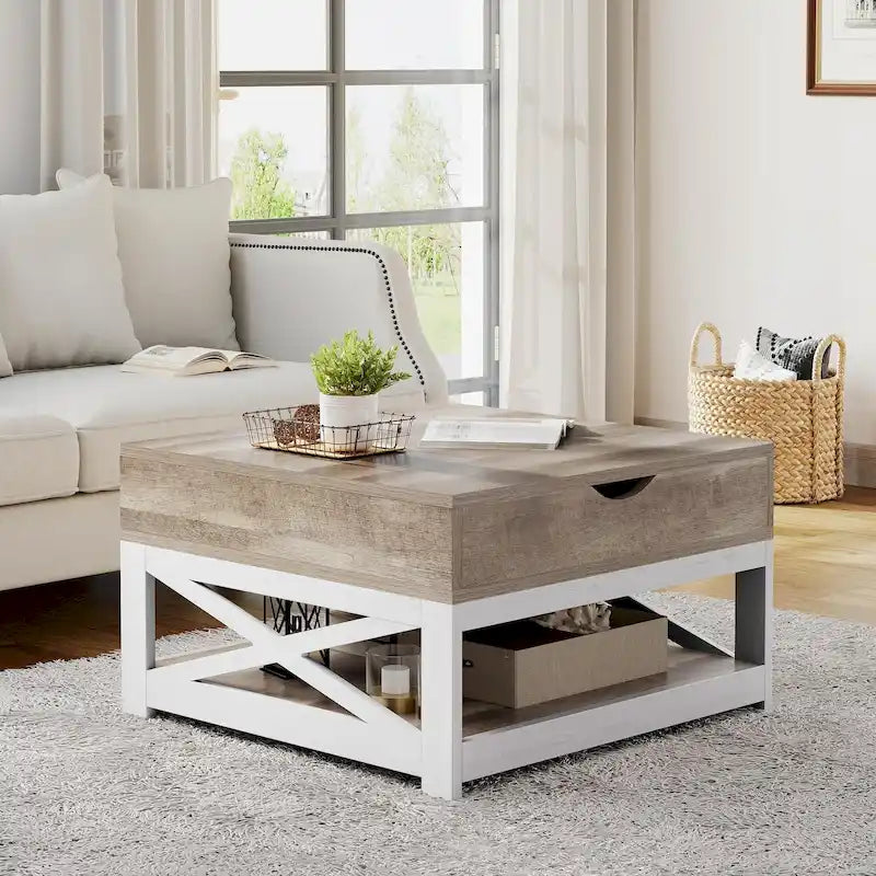 Grey Wash / Brown Farmhouse Lift Top Square Coffee Table with Storage – 1 Person