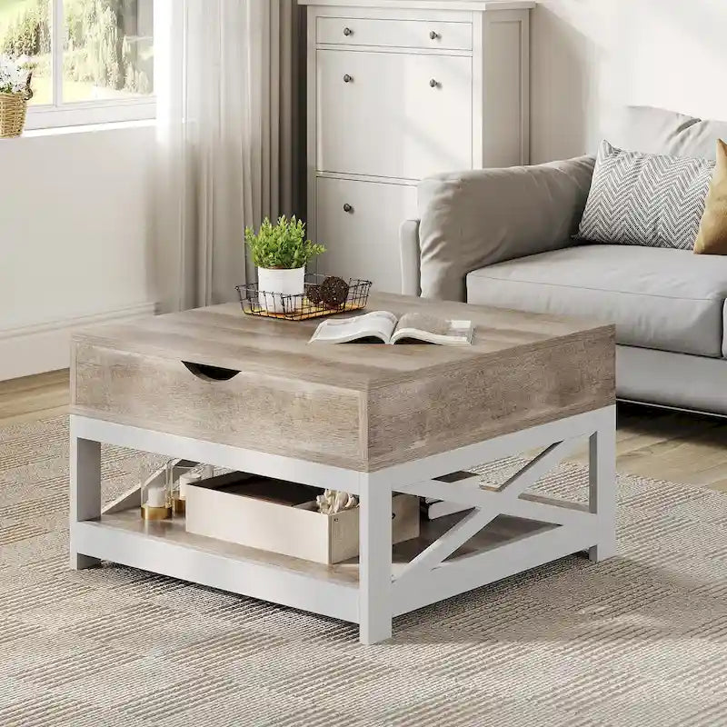 Grey Wash / Brown Farmhouse Lift Top Square Coffee Table with Storage – 1 Person