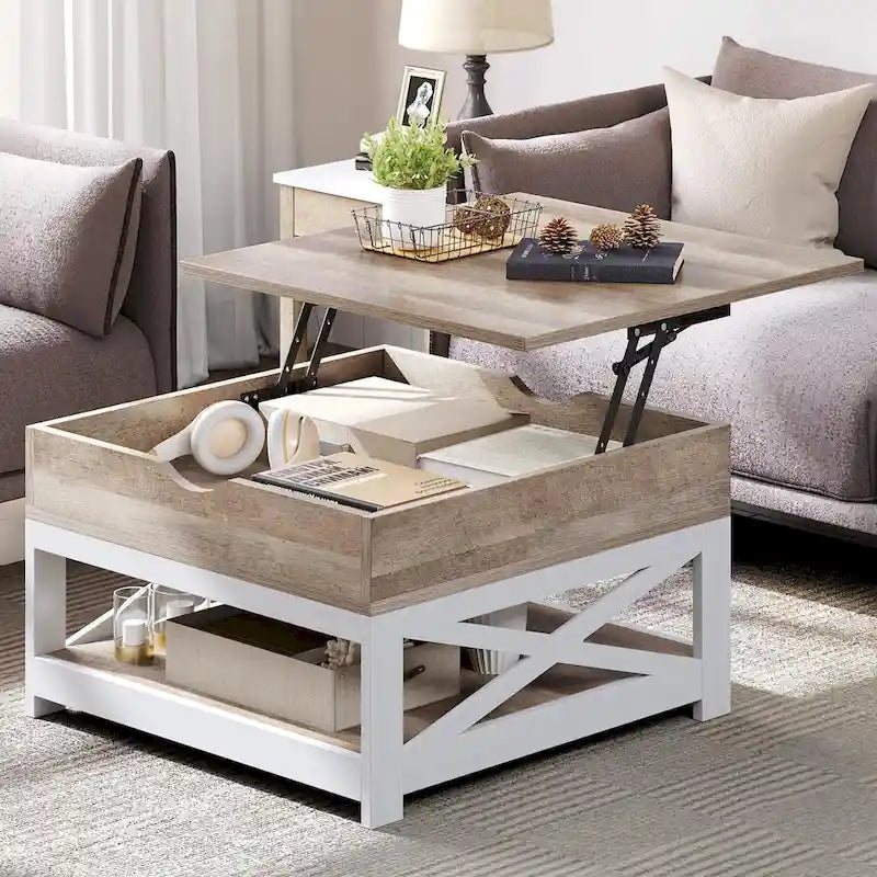 Grey Wash / Brown Farmhouse Lift Top Square Coffee Table with Storage – 1 Person