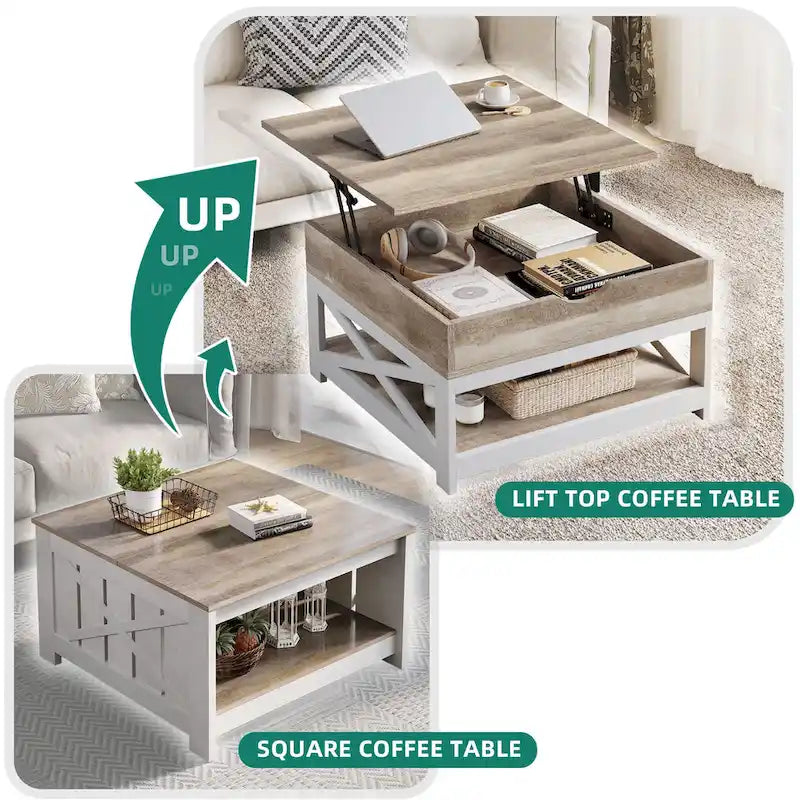 Grey Wash / Brown Farmhouse Lift Top Square Coffee Table with Storage – 1 Person