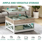 Grey Wash / Brown Farmhouse Lift Top Square Coffee Table with Storage – 1 Person