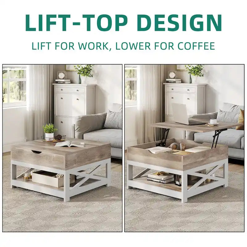 Grey Wash / Brown Farmhouse Lift Top Square Coffee Table with Storage – 1 Person
