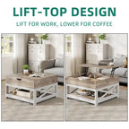 Grey Wash / Brown Farmhouse Lift Top Square Coffee Table with Storage – 1 Person