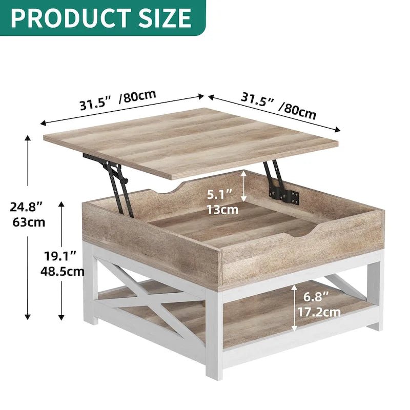 Grey Wash / Brown Farmhouse Lift Top Square Coffee Table with Storage – 1 Person