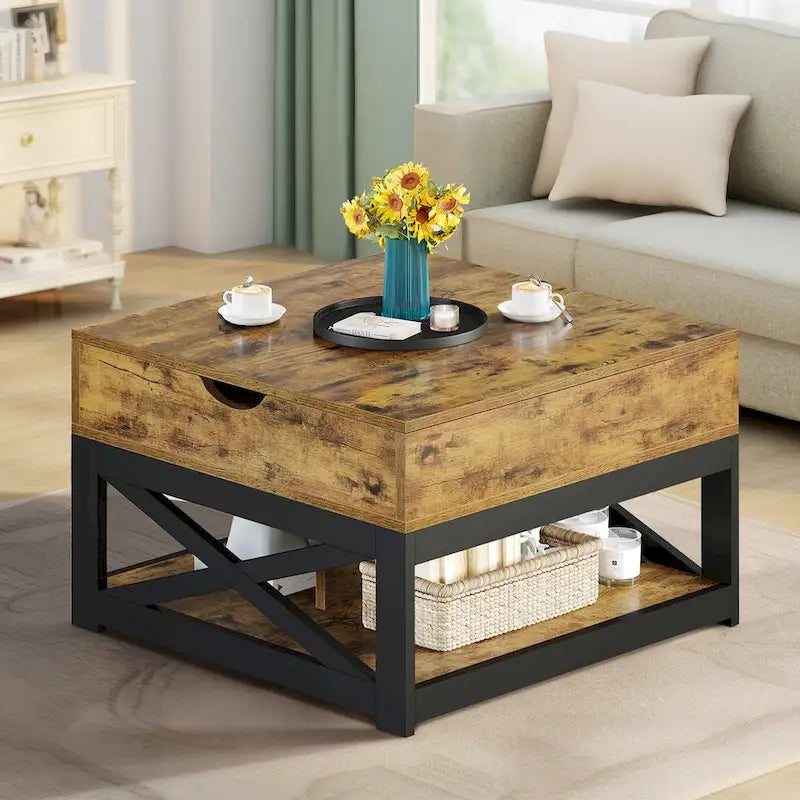 Grey Wash / Brown Farmhouse Lift Top Square Coffee Table with Storage – 1 Person