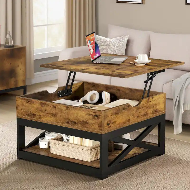 Grey Wash / Brown Farmhouse Lift Top Square Coffee Table with Storage – 1 Person
