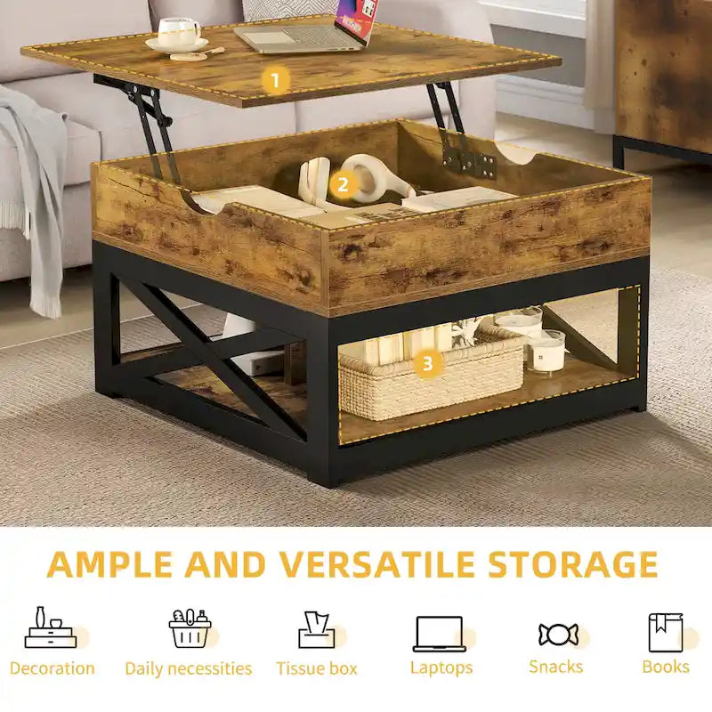 Grey Wash / Brown Farmhouse Lift Top Square Coffee Table with Storage – 1 Person