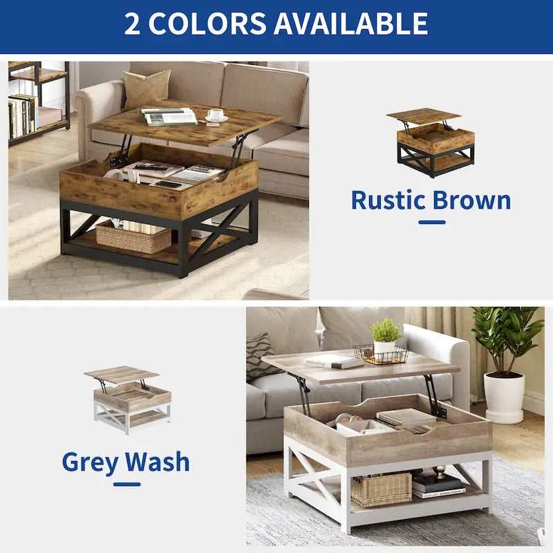 Grey Wash / Brown Farmhouse Lift Top Square Coffee Table with Storage – 1 Person