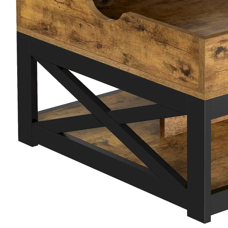 Grey Wash / Brown Farmhouse Lift Top Square Coffee Table with Storage – 1 Person
