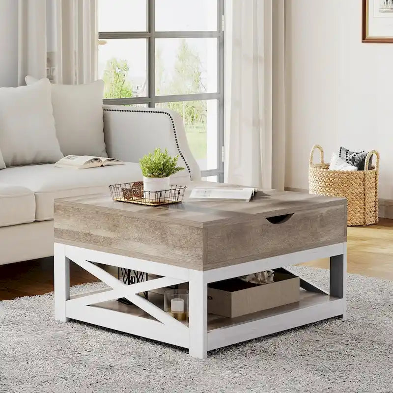Grey Wash / Brown Farmhouse Lift Top Square Coffee Table with Storage – 1 Person
