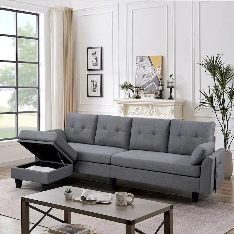 L-Shaped Sectional Sofa with Chaise, Storage Ottoman & Side Bags – Light Grey / Dark Grey / Beige / Blue / Green, Seats 4–5