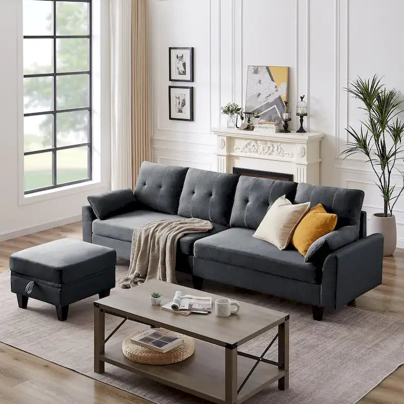 L-Shaped Sectional Sofa with Chaise, Storage Ottoman & Side Bags – Light Grey / Dark Grey / Beige / Blue / Green, Seats 4–5