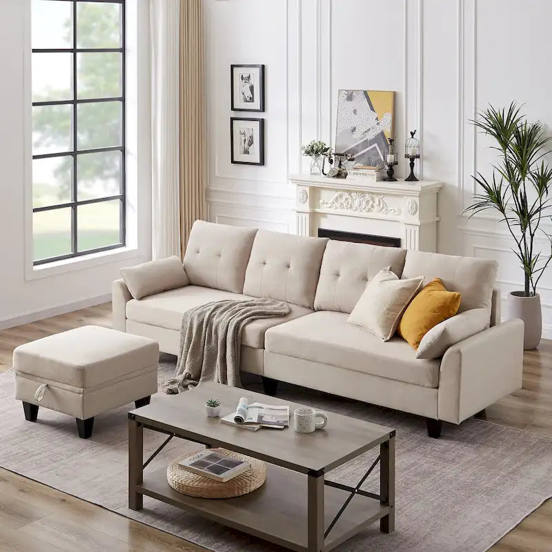L-Shaped Sectional Sofa with Chaise, Storage Ottoman & Side Bags – Light Grey / Dark Grey / Beige / Blue / Green, Seats 4–5