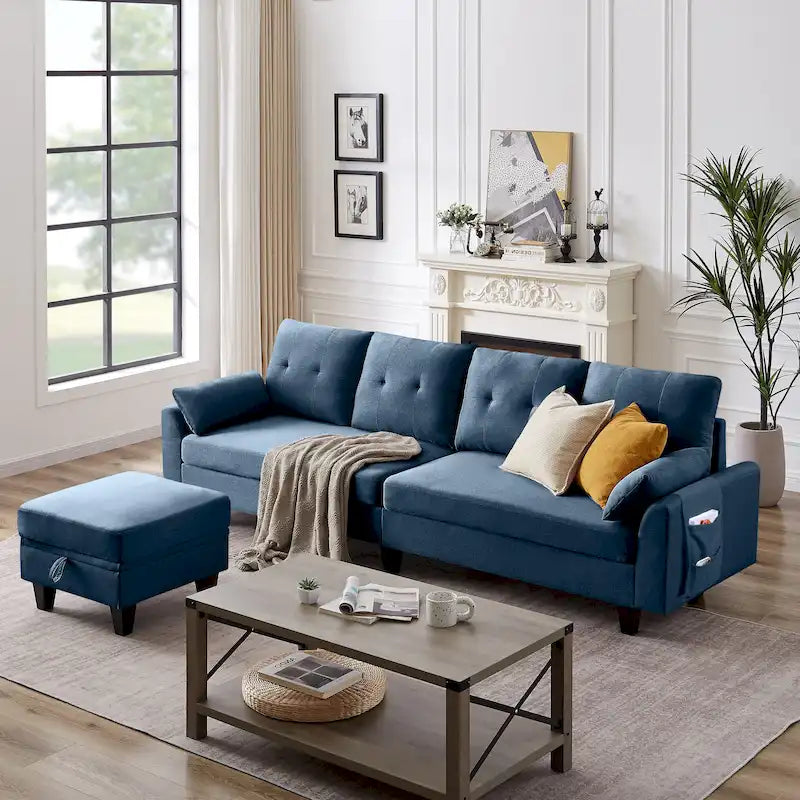 L-Shaped Sectional Sofa with Chaise, Storage Ottoman & Side Bags – Light Grey / Dark Grey / Beige / Blue / Green, Seats 4–5