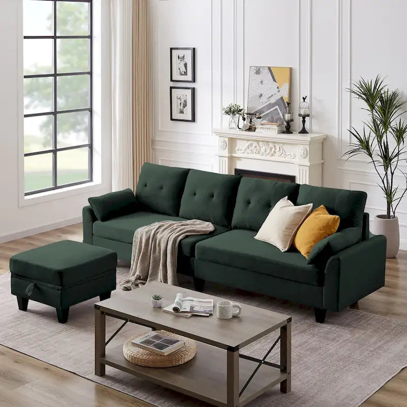 L-Shaped Sectional Sofa with Chaise, Storage Ottoman & Side Bags – Light Grey / Dark Grey / Beige / Blue / Green, Seats 4–5