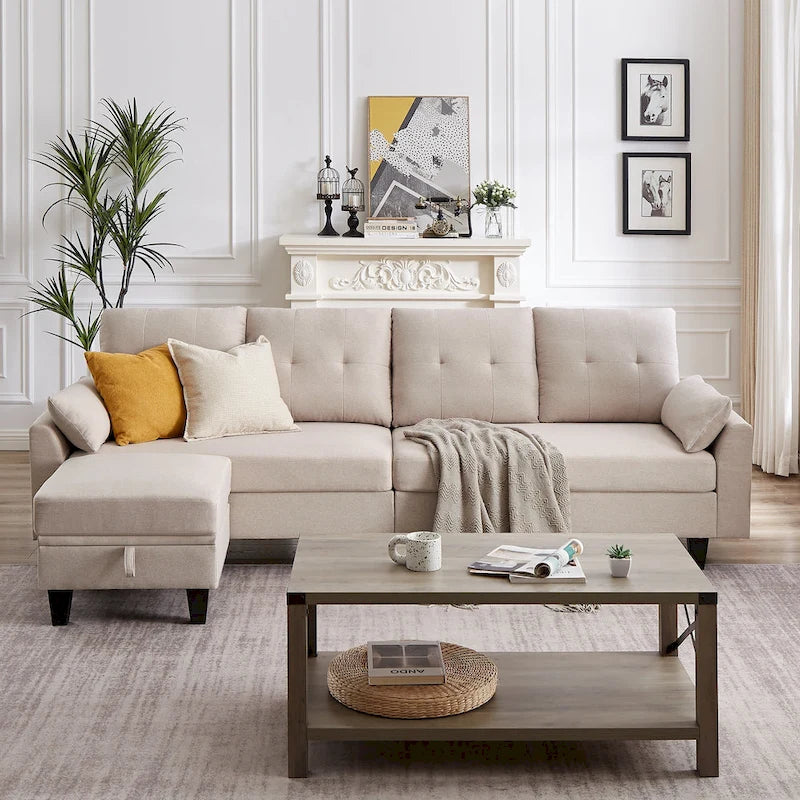 L-Shaped Sectional Sofa with Chaise, Storage Ottoman & Side Bags – Light Grey / Dark Grey / Beige / Blue / Green, Seats 4–5