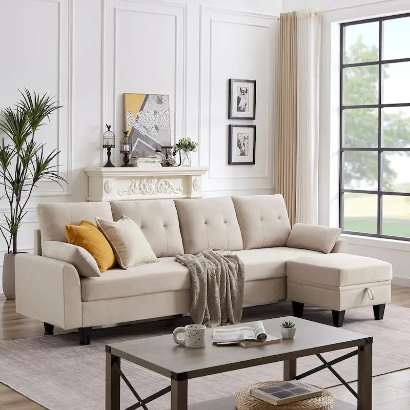 L-Shaped Sectional Sofa with Chaise, Storage Ottoman & Side Bags – Light Grey / Dark Grey / Beige / Blue / Green, Seats 4–5