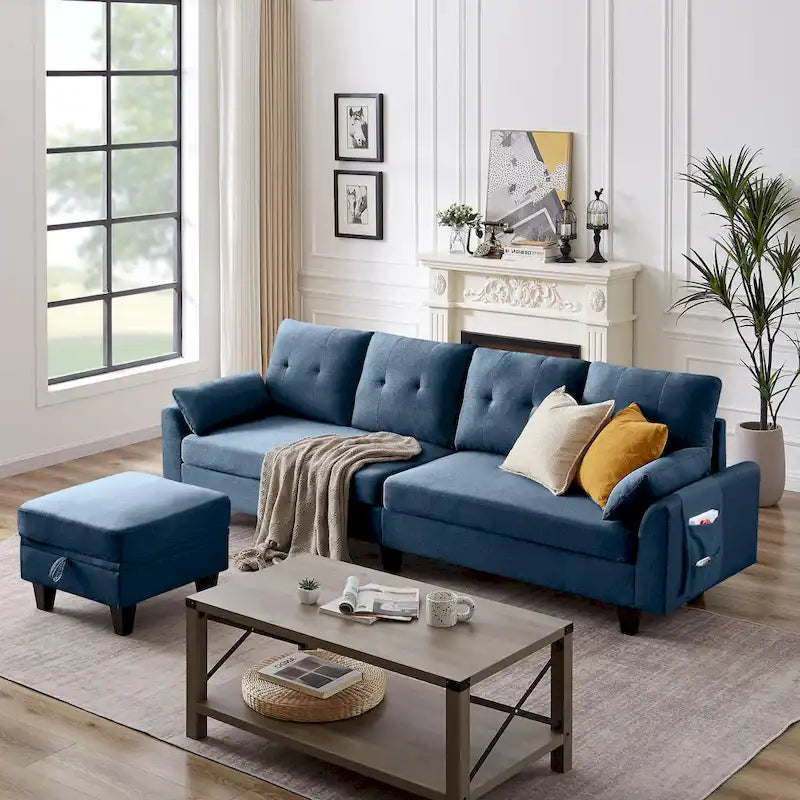 L-Shaped Sectional Sofa with Chaise, Storage Ottoman & Side Bags – Light Grey / Dark Grey / Beige / Blue / Green, Seats 4–5