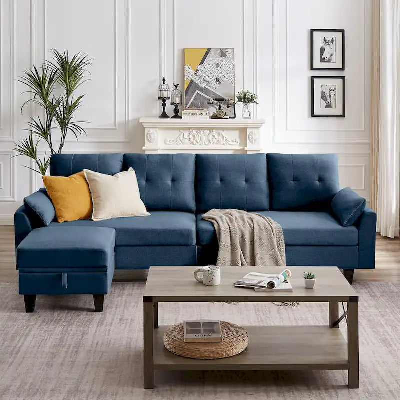 L-Shaped Sectional Sofa with Chaise, Storage Ottoman & Side Bags – Light Grey / Dark Grey / Beige / Blue / Green, Seats 4–5