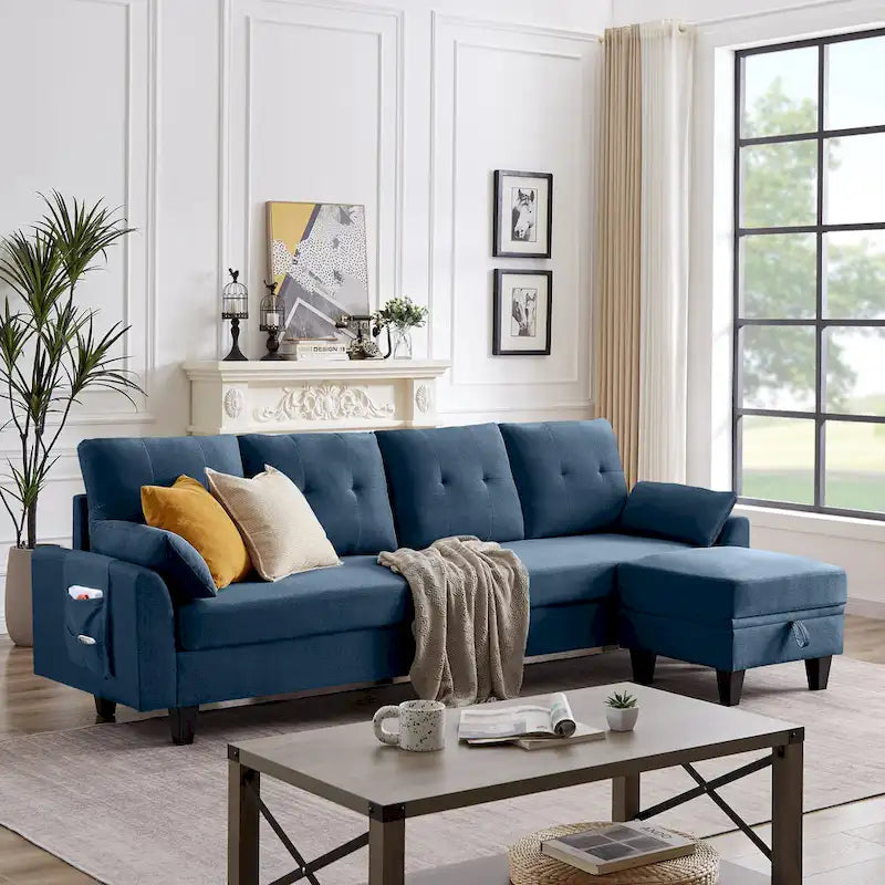 L-Shaped Sectional Sofa with Chaise, Storage Ottoman & Side Bags – Light Grey / Dark Grey / Beige / Blue / Green, Seats 4–5