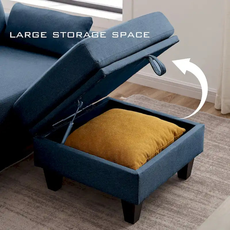 L-Shaped Sectional Sofa with Chaise, Storage Ottoman & Side Bags – Light Grey / Dark Grey / Beige / Blue / Green, Seats 4–5