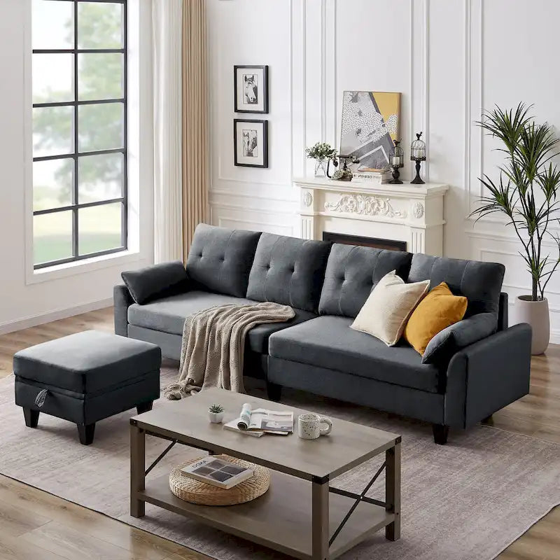 L-Shaped Sectional Sofa with Chaise, Storage Ottoman & Side Bags – Light Grey / Dark Grey / Beige / Blue / Green, Seats 4–5
