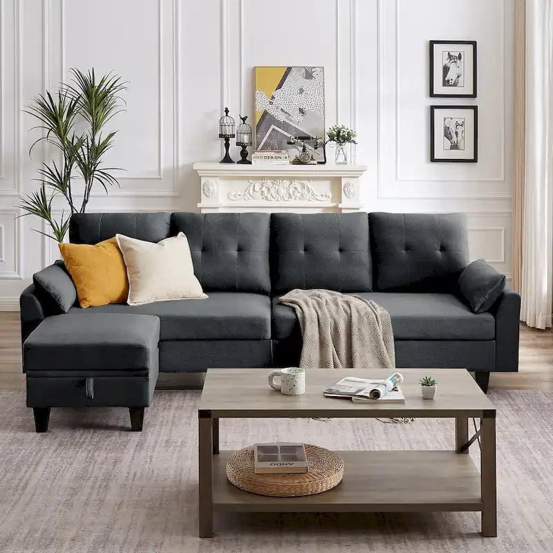 L-Shaped Sectional Sofa with Chaise, Storage Ottoman & Side Bags – Light Grey / Dark Grey / Beige / Blue / Green, Seats 4–5