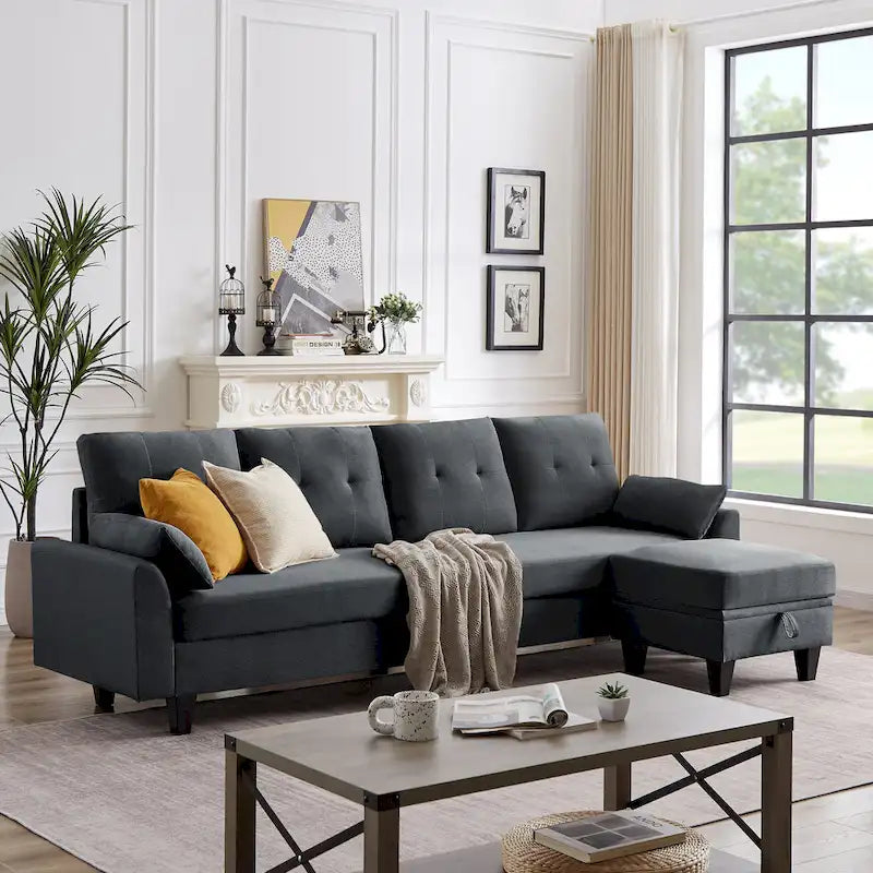 L-Shaped Sectional Sofa with Chaise, Storage Ottoman & Side Bags – Light Grey / Dark Grey / Beige / Blue / Green, Seats 4–5
