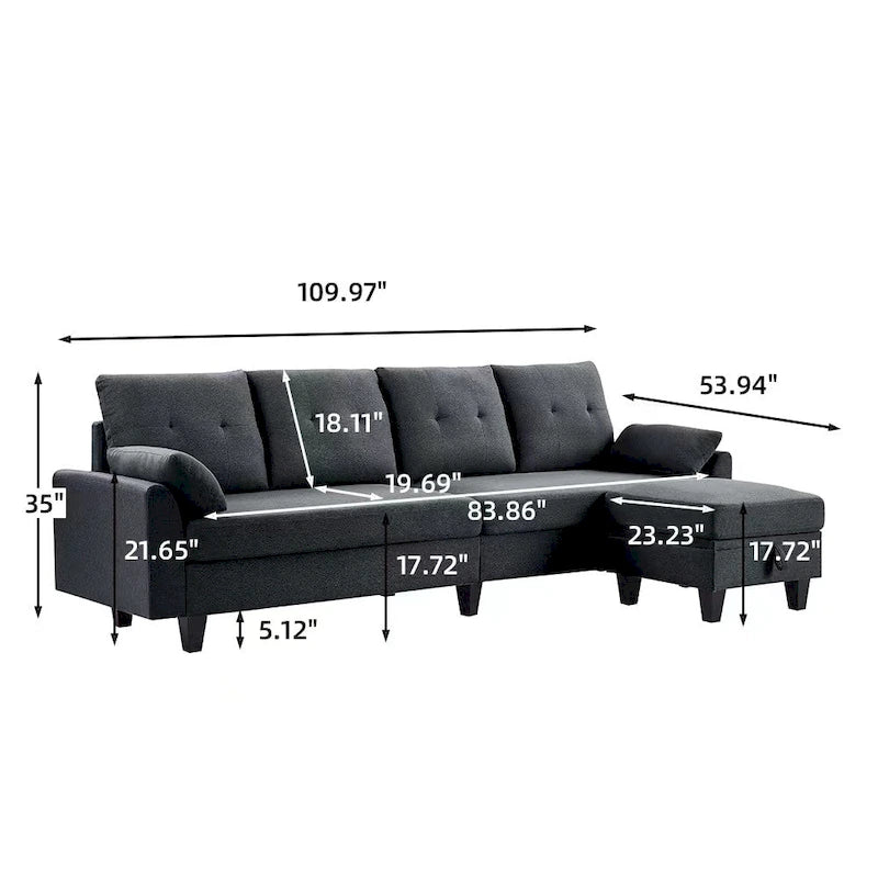 L-Shaped Sectional Sofa with Chaise, Storage Ottoman & Side Bags – Light Grey / Dark Grey / Beige / Blue / Green, Seats 4–5