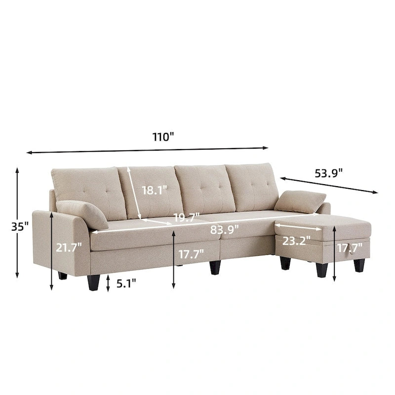 L-Shaped Sectional Sofa with Chaise, Storage Ottoman & Side Bags – Light Grey / Dark Grey / Beige / Blue / Green, Seats 4–5
