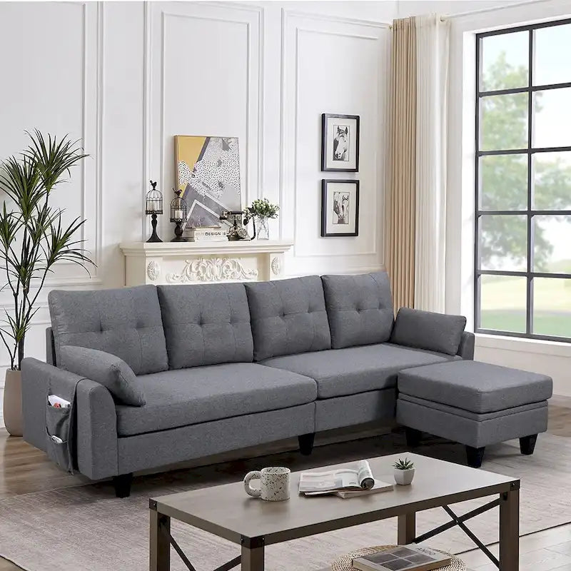 L-Shaped Sectional Sofa with Chaise, Storage Ottoman & Side Bags – Light Grey / Dark Grey / Beige / Blue / Green, Seats 4–5