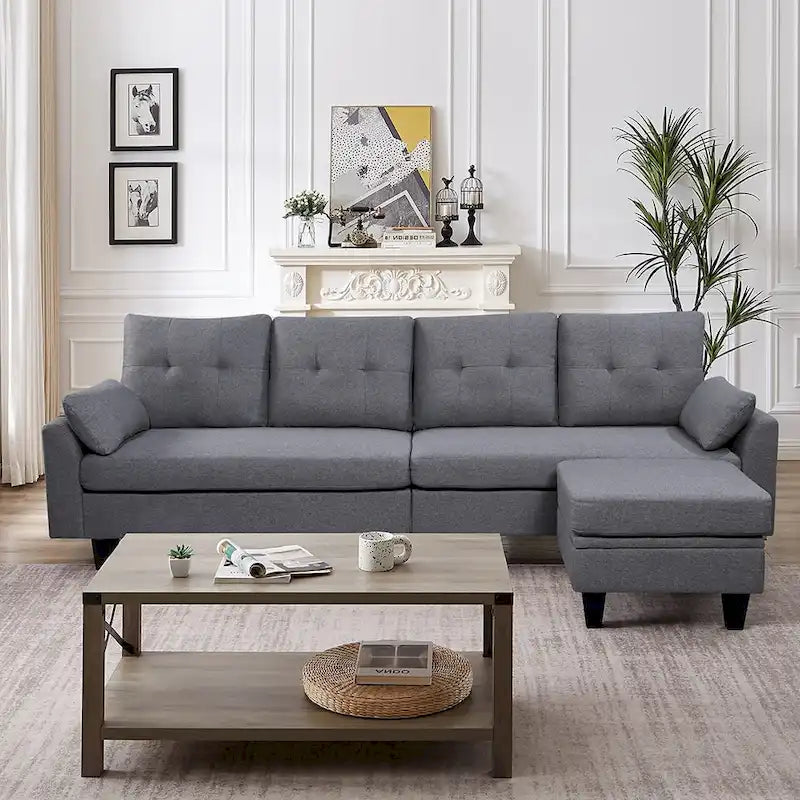 L-Shaped Sectional Sofa with Chaise, Storage Ottoman & Side Bags – Light Grey / Dark Grey / Beige / Blue / Green, Seats 4–5
