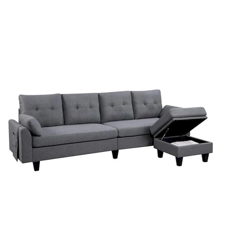 L-Shaped Sectional Sofa with Chaise, Storage Ottoman & Side Bags – Light Grey / Dark Grey / Beige / Blue / Green, Seats 4–5