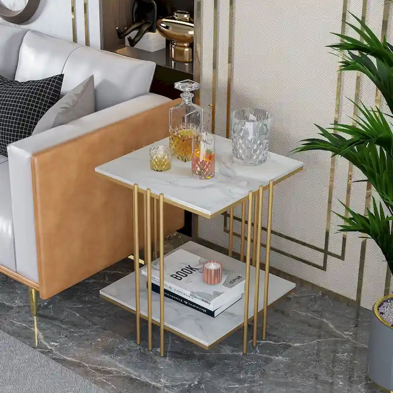 Black / Gold 2-Tier Square Side Table – 1-Person Accent End Table