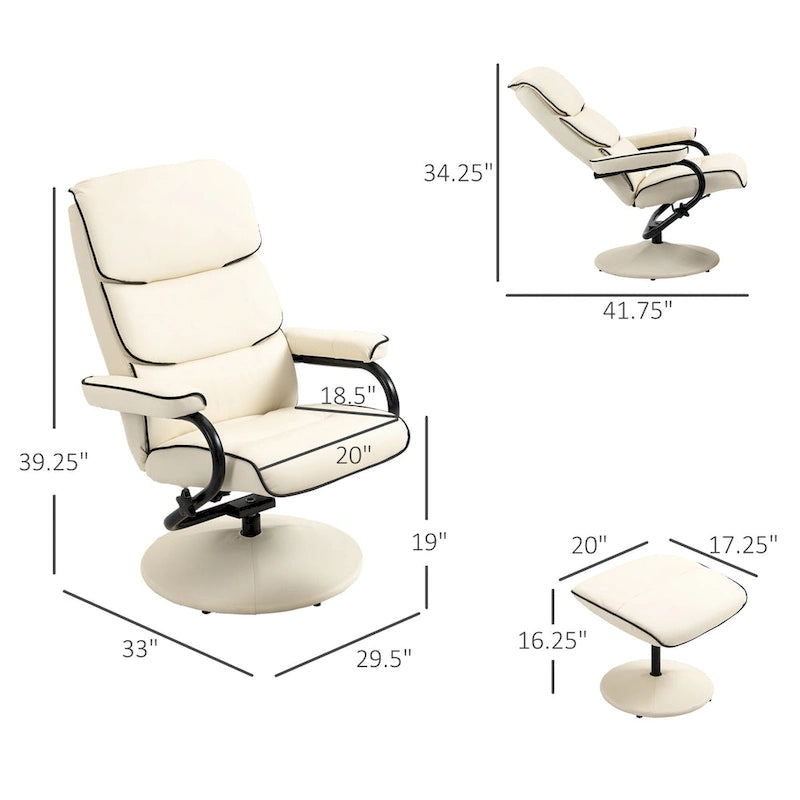 White / Bronze Swivel Recliner Chair with Ottoman, 2-Piece Set