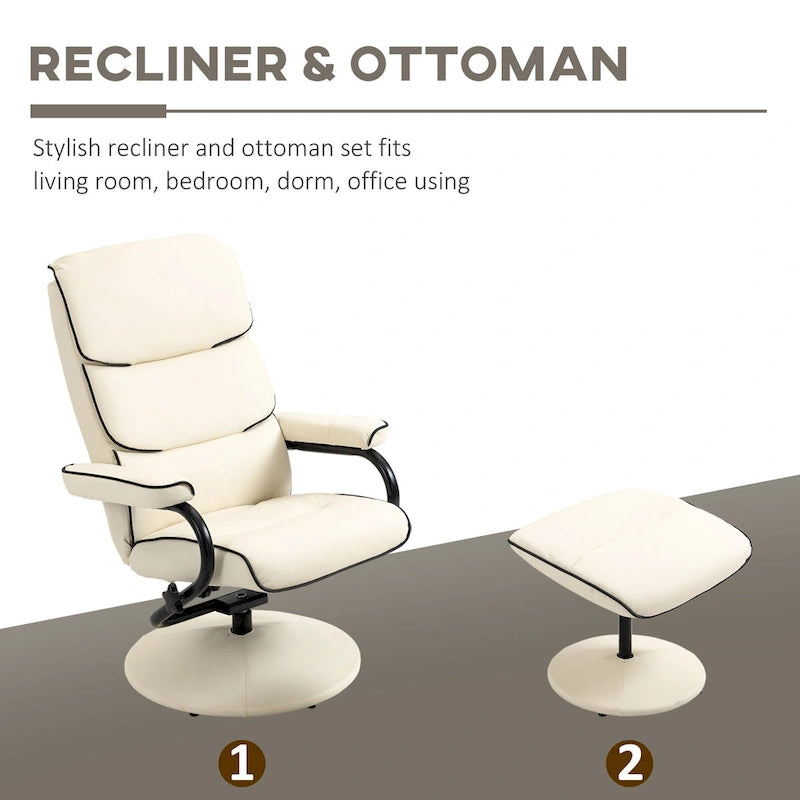 White / Bronze Swivel Recliner Chair with Ottoman, 2-Piece Set