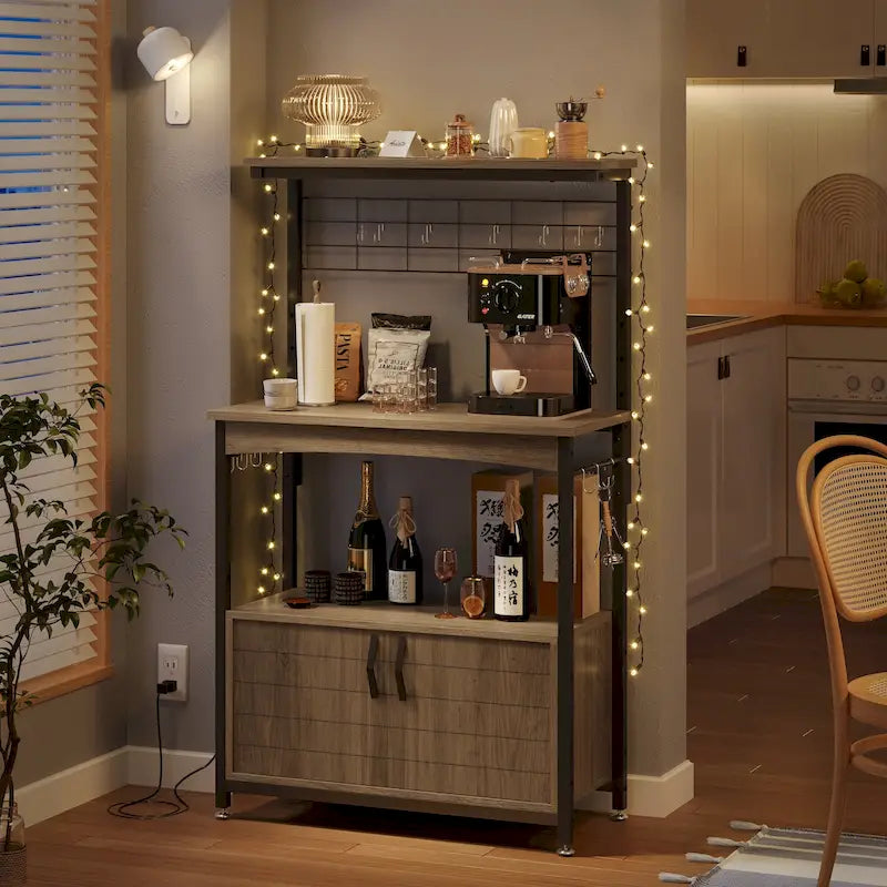 Rustic Brown / Grey Height-Adjustable Baker's Rack with Double-Door Cabinet, 1-Person Assembly