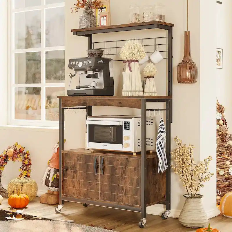 Rustic Brown / Grey Height-Adjustable Baker's Rack with Double-Door Cabinet, 1-Person Assembly