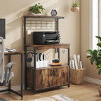 Rustic Brown / Grey Height-Adjustable Baker's Rack with Double-Door Cabinet, 1-Person Assembly