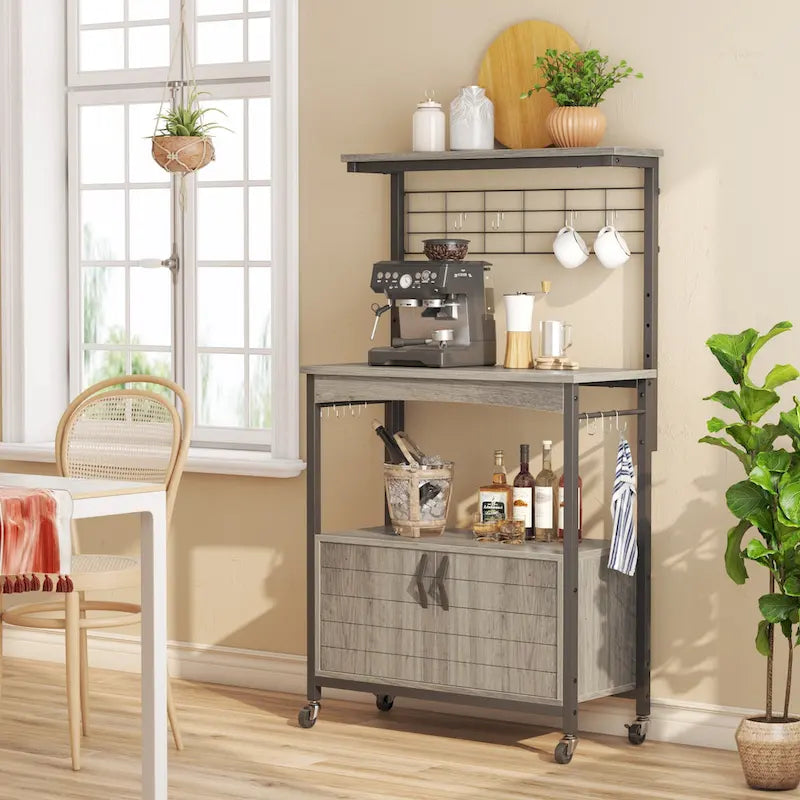 Rustic Brown / Grey Height-Adjustable Baker's Rack with Double-Door Cabinet, 1-Person Assembly