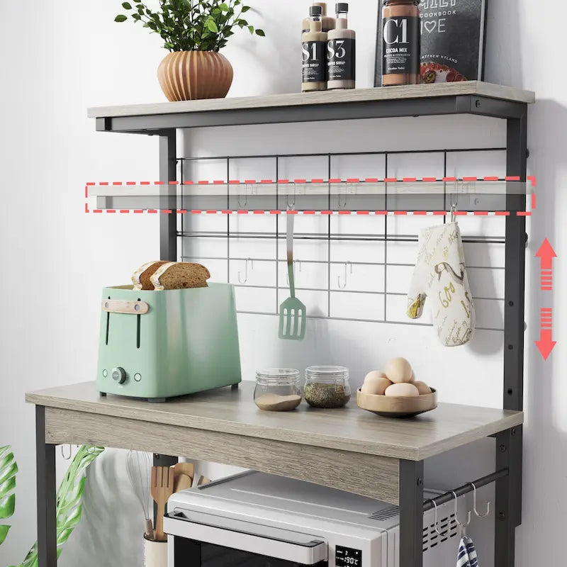 Rustic Brown / Grey Height-Adjustable Baker's Rack with Double-Door Cabinet, 1-Person Assembly