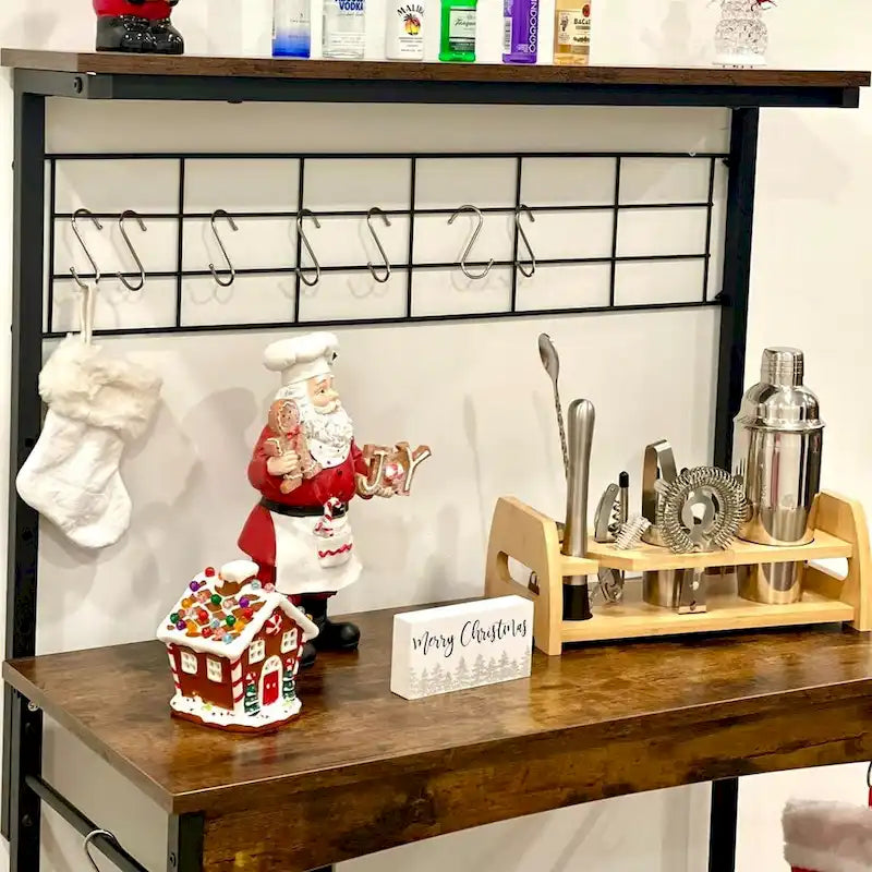 Rustic Brown / Grey Height-Adjustable Baker's Rack with Double-Door Cabinet, 1-Person Assembly